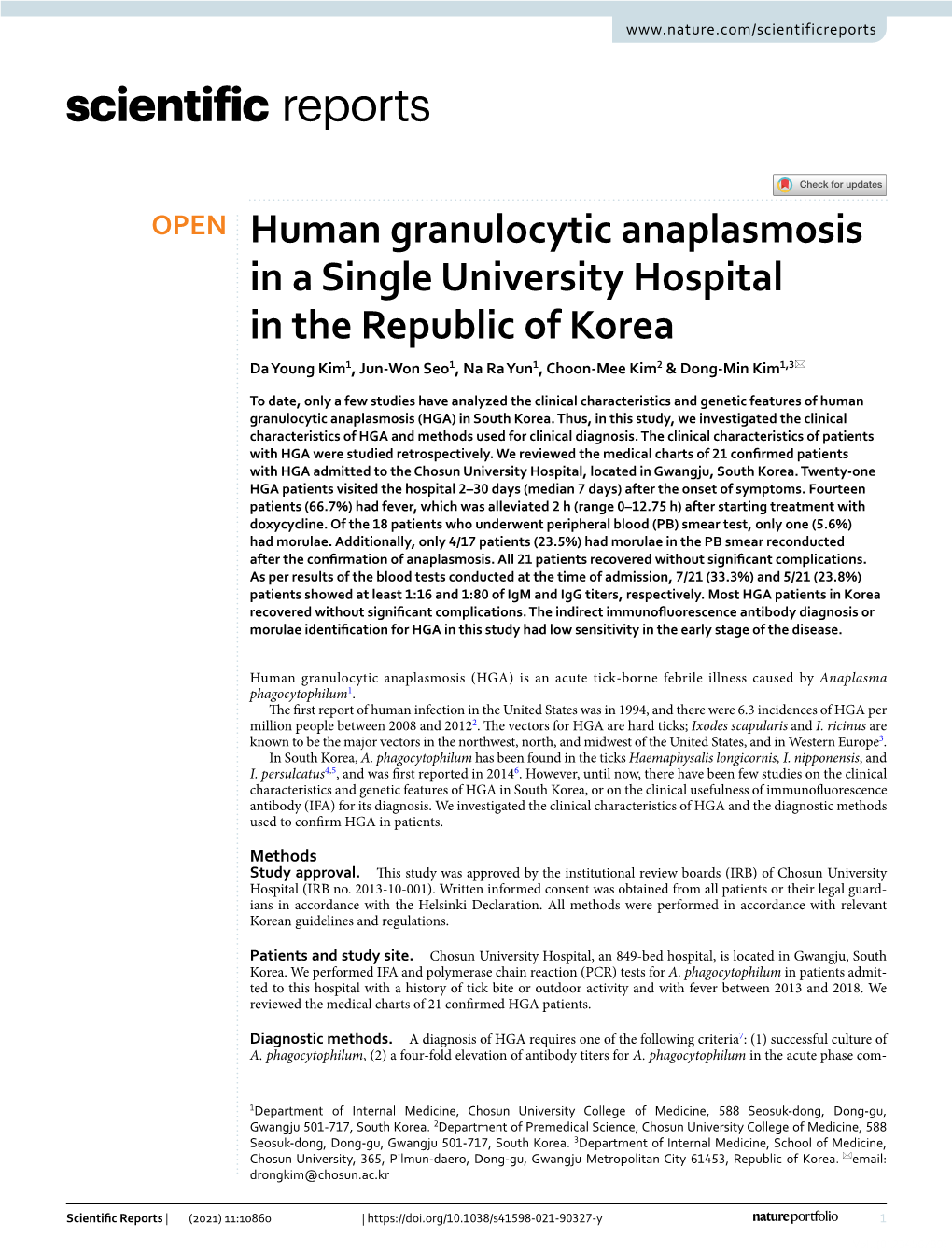 Human Granulocytic Anaplasmosis in a Single University Hospital in the Republic of Korea Da Young Kim1, Jun‑Won Seo1, Na Ra Yun1, Choon‑Mee Kim2 & Dong‑Min Kim1,3*