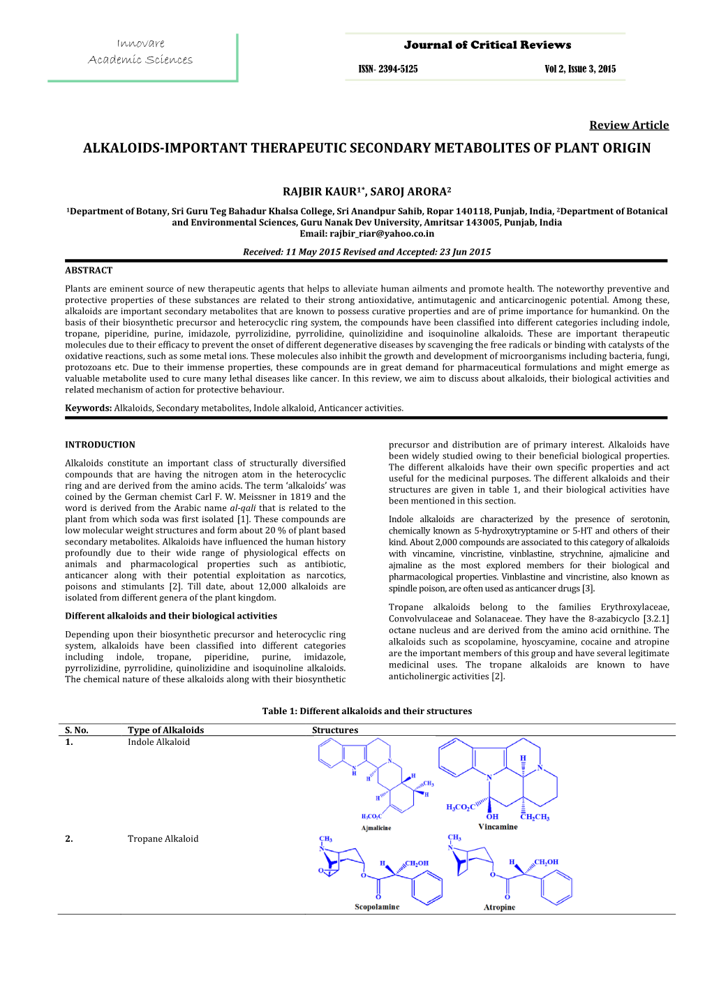 Alkaloids-Important Therapeutic Secondary Metabolites of Plant Origin