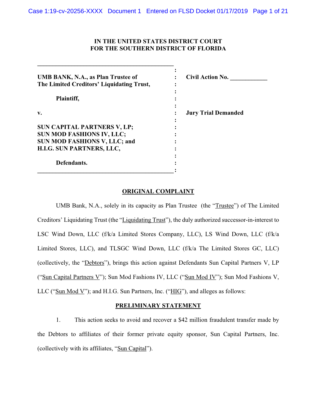 Case 1:19-Cv-20256-XXXX Document 1 Entered on FLSD Docket 01/17/2019 Page 1 of 21