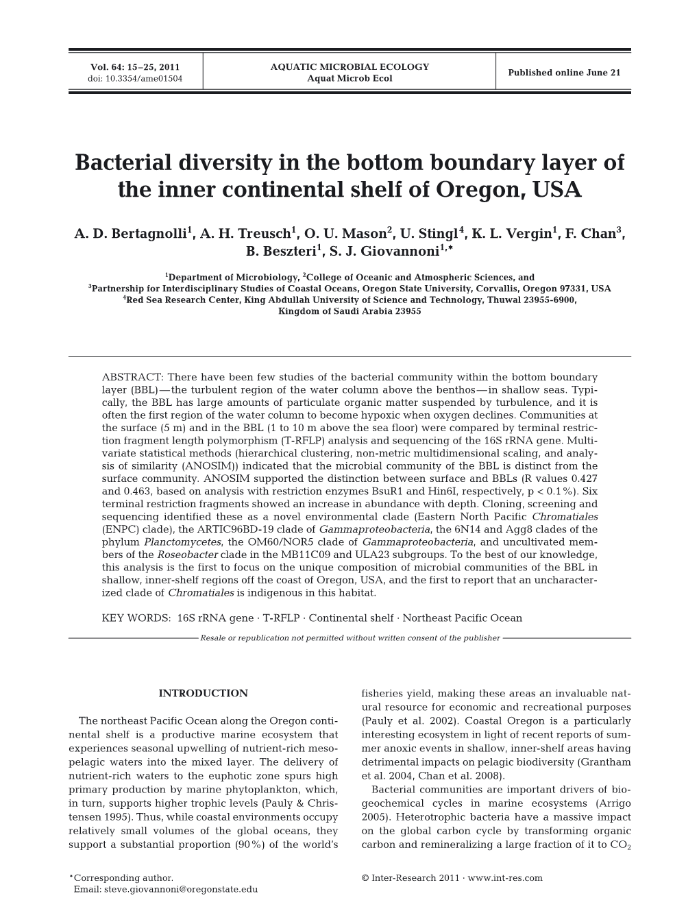 Bacterial Diversity in the Bottom Boundary Layer of the Inner Continental Shelf of Oregon, USA