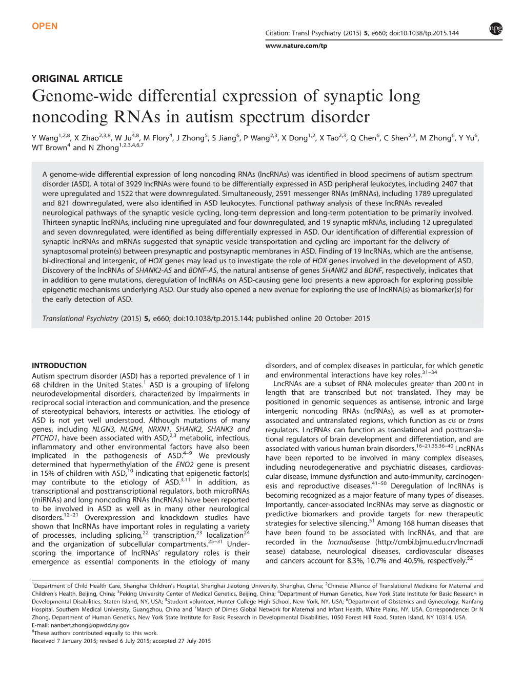 Genome-Wide Differential Expression of Synaptic Long Noncoding Rnas in Autism Spectrum Disorder