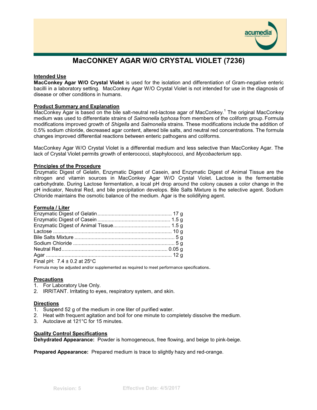 Macconkey Agar Without Crystal Violet, Product Information