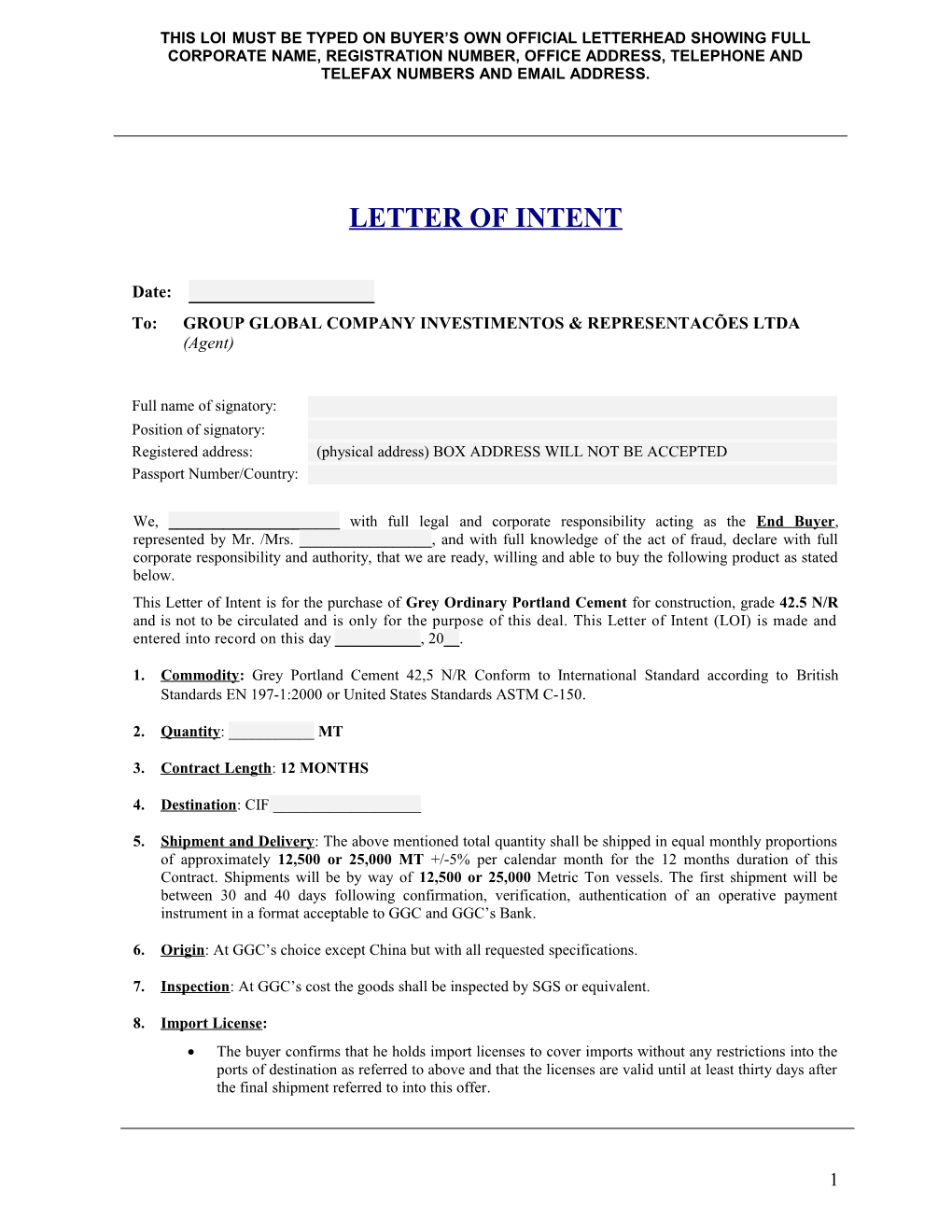 This Loi Must Be Typed on Buyer S Own Official Letterhead Showing Full Corporate Name