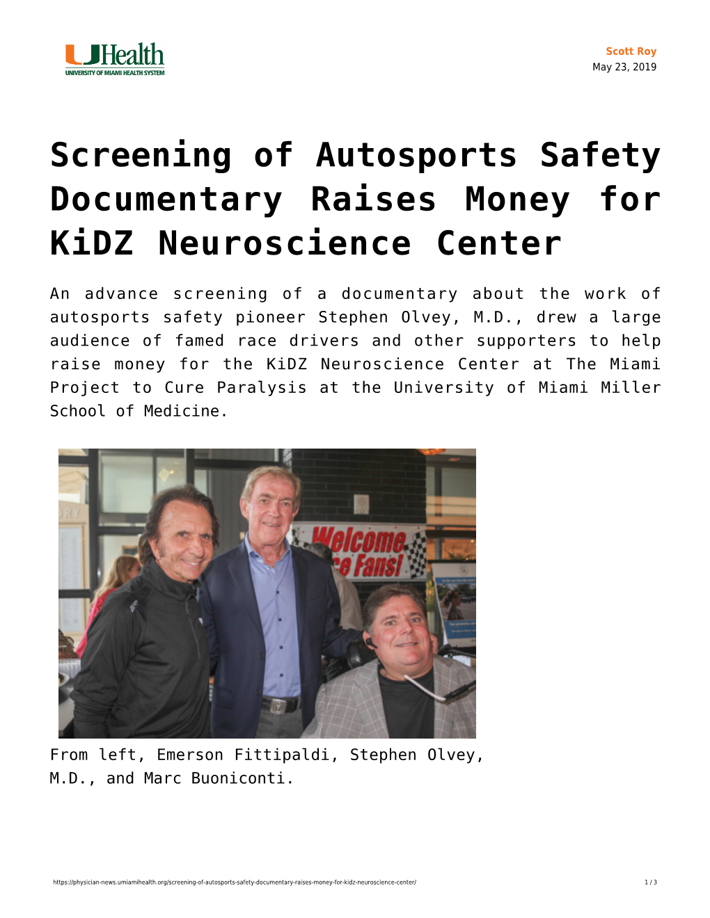 Screening of Autosports Safety Documentary Raises Money for Kidz Neuroscience Center