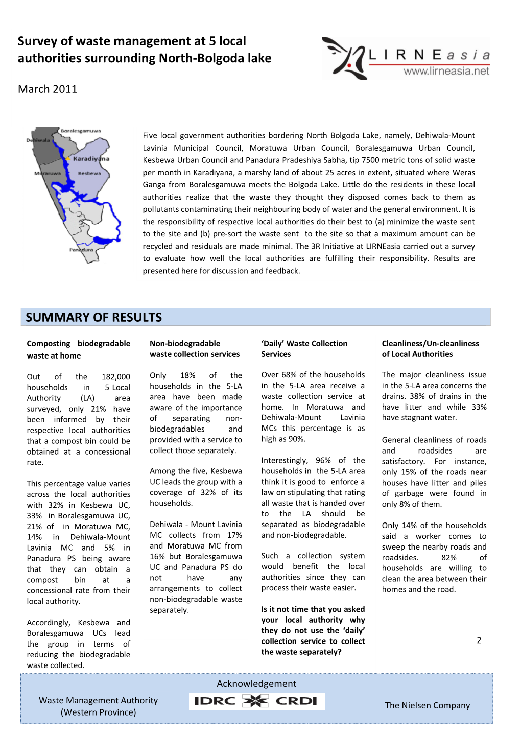 SUMMARY of RESULTS Survey of Waste Management at 5 Local