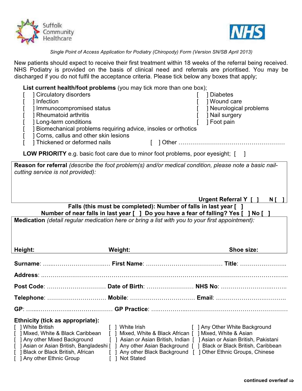 Application for Podiatry (Chiropody) Form (Version SN/SB 06/10)