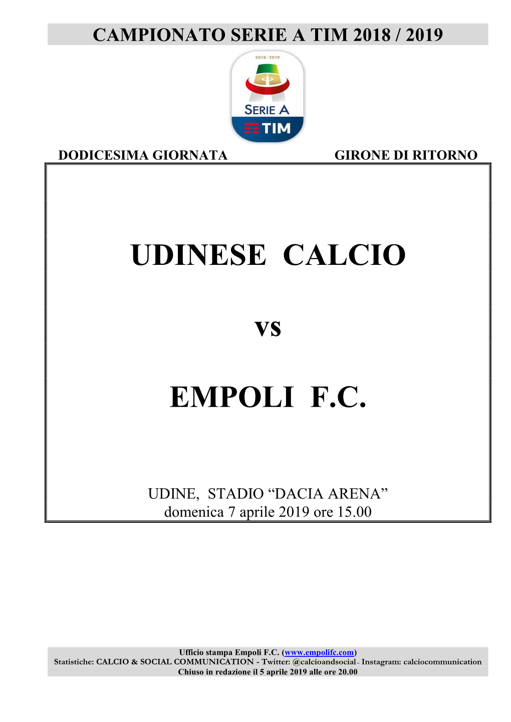 UDINESE CALCIO Vs EMPOLI F.C