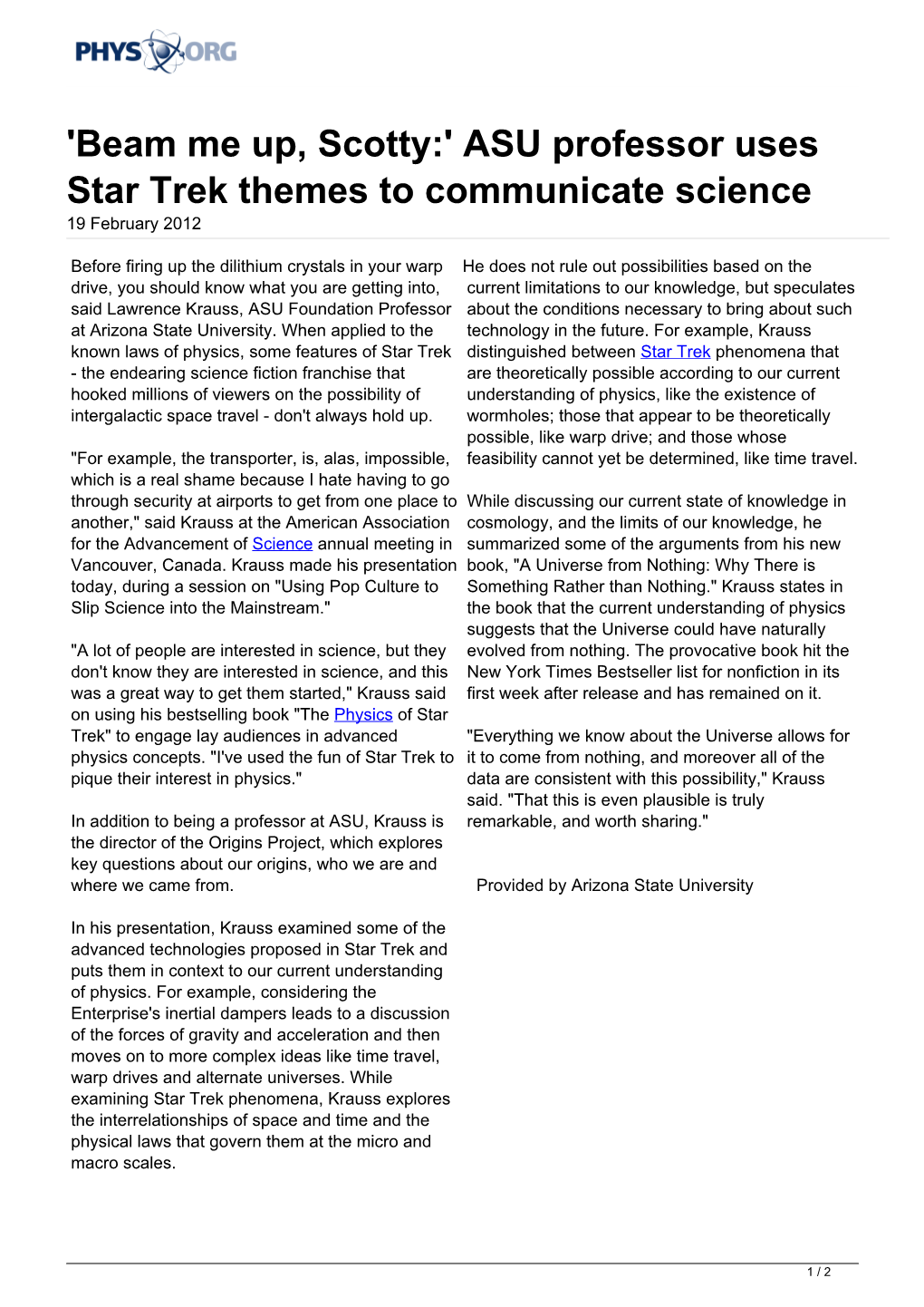 ASU Professor Uses Star Trek Themes to Communicate Science 19 February 2012
