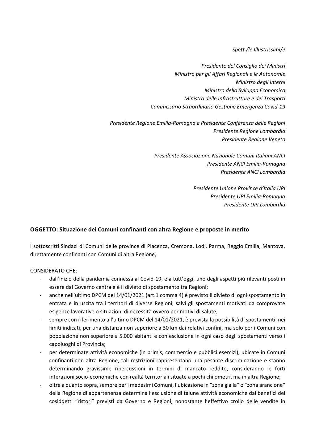 Situazione Dei Comuni Confinanti Con Altra Regione E Proposte in Merito