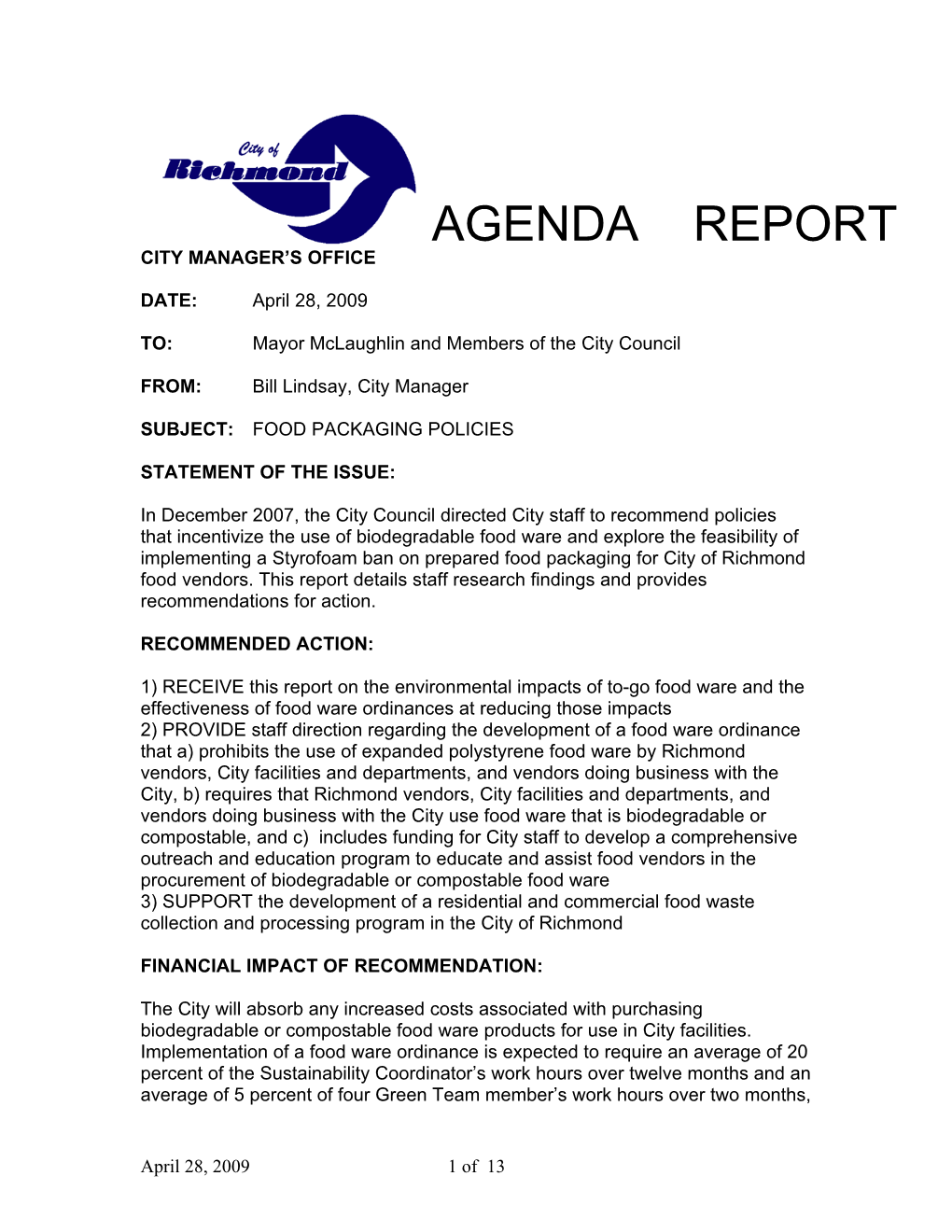Agenda Report City Manager’S Office