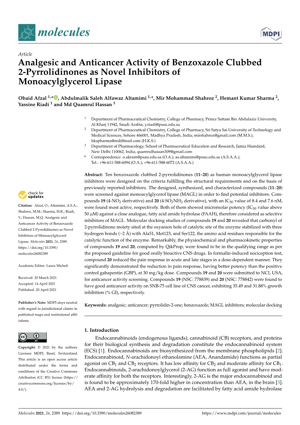 Analgesic and Anticancer Activity of Benzoxazole Clubbed 2-Pyrrolidinones As Novel Inhibitors of Monoacylglycerol Lipase