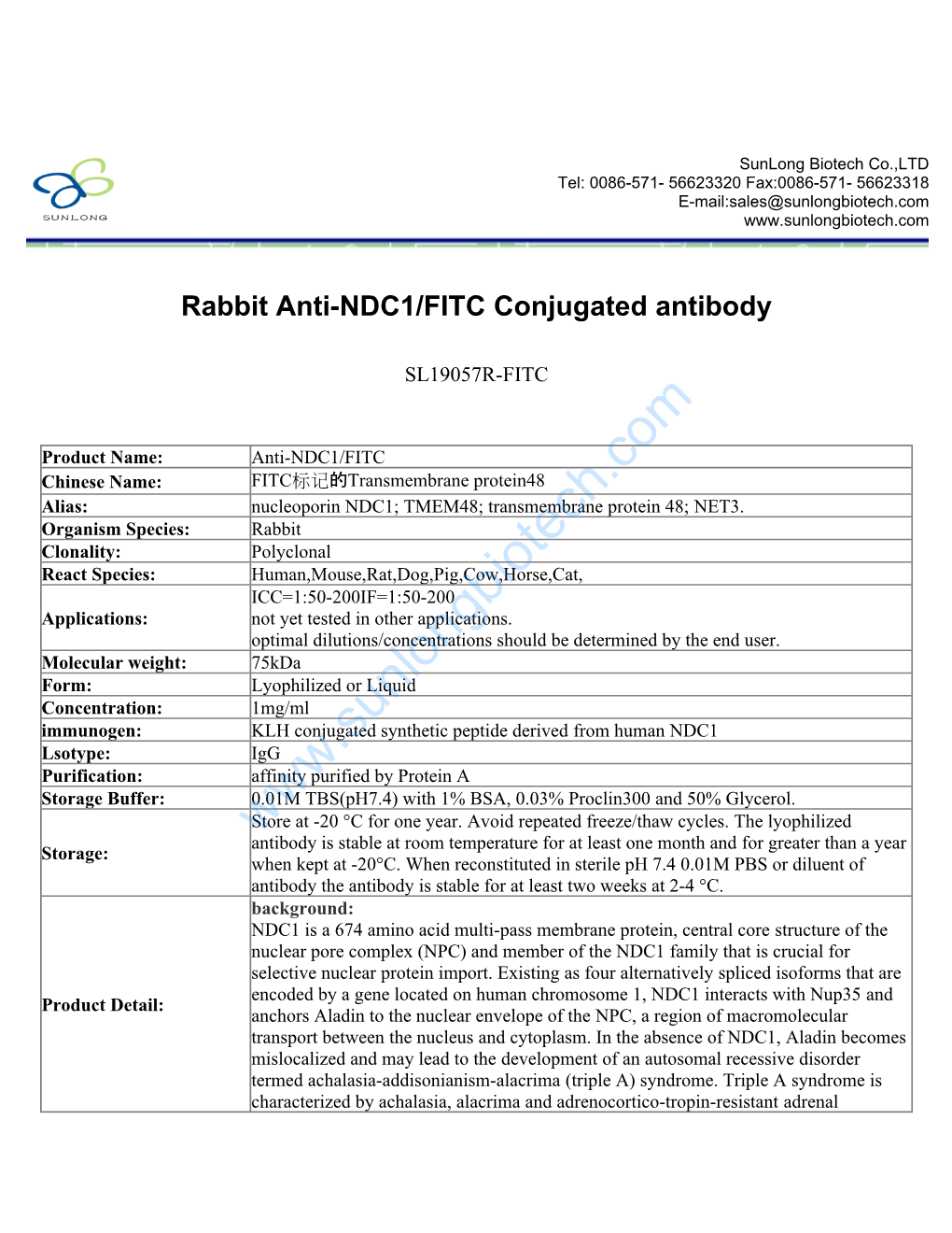 Rabbit Anti-NDC1/FITC Conjugated Antibody-SL19057R-FITC