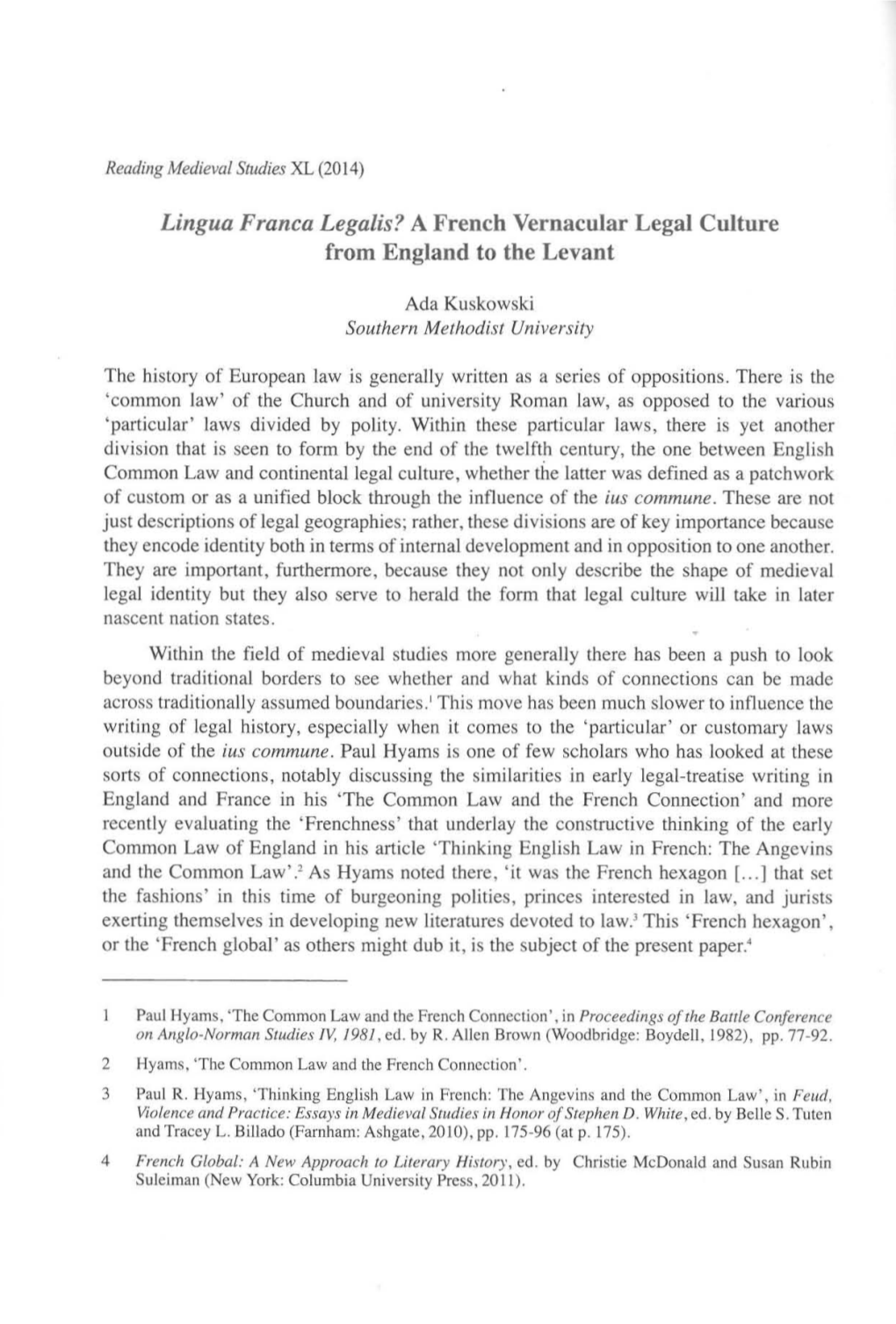 Lingua Franca Legalis? a French Vernacular Legal Culture from England to the Levant