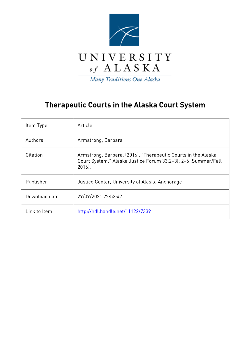 Therapeutic Courts in the Alaska Court System