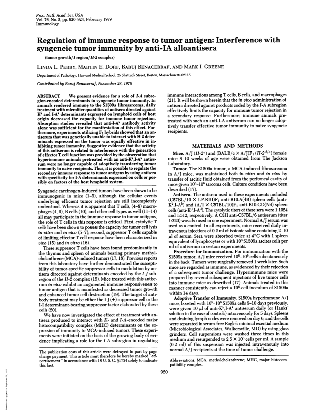Regulation of Immune Response to Tumor Antigen: Interference with Syngeneic Tumor Immunity by Anti-IA Alloantisera (Tumor Growth/I Region/H-2 Complex) LINDA L