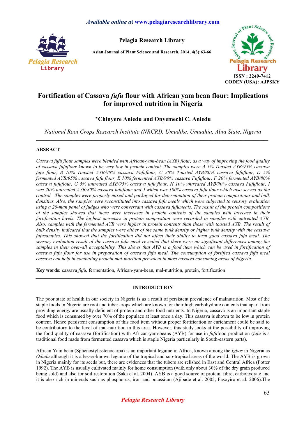 Fortification of Cassava Fufu Flour with African Yam Bean Flour: Implications for Improved Nutrition in Nigeria