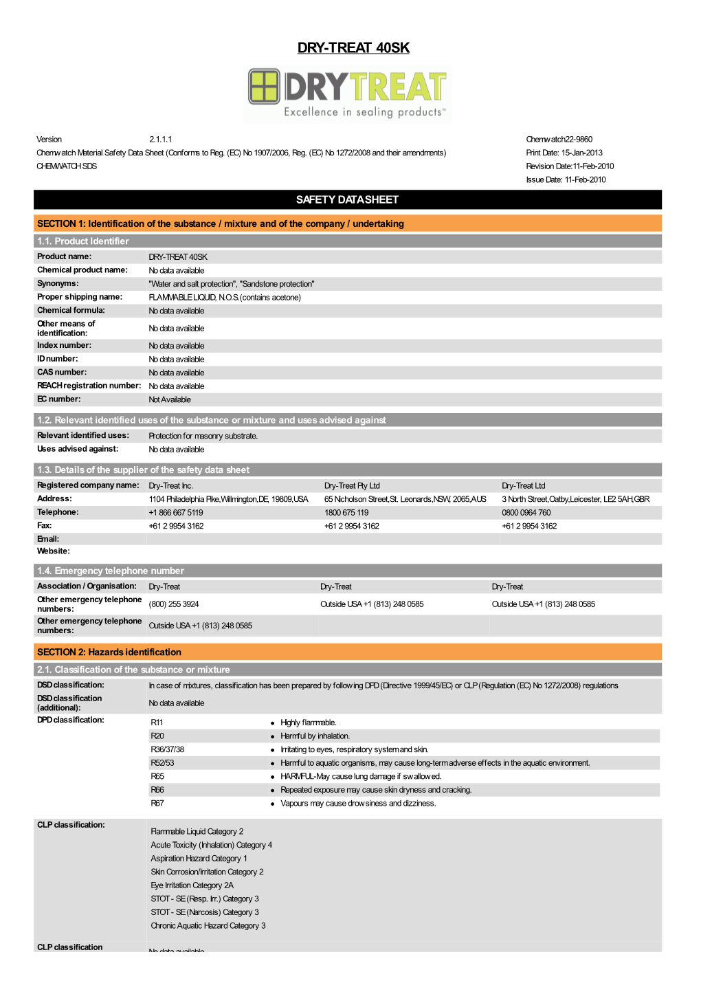 Chemwatch REACH MSDS for DRY-TREAT 40SK