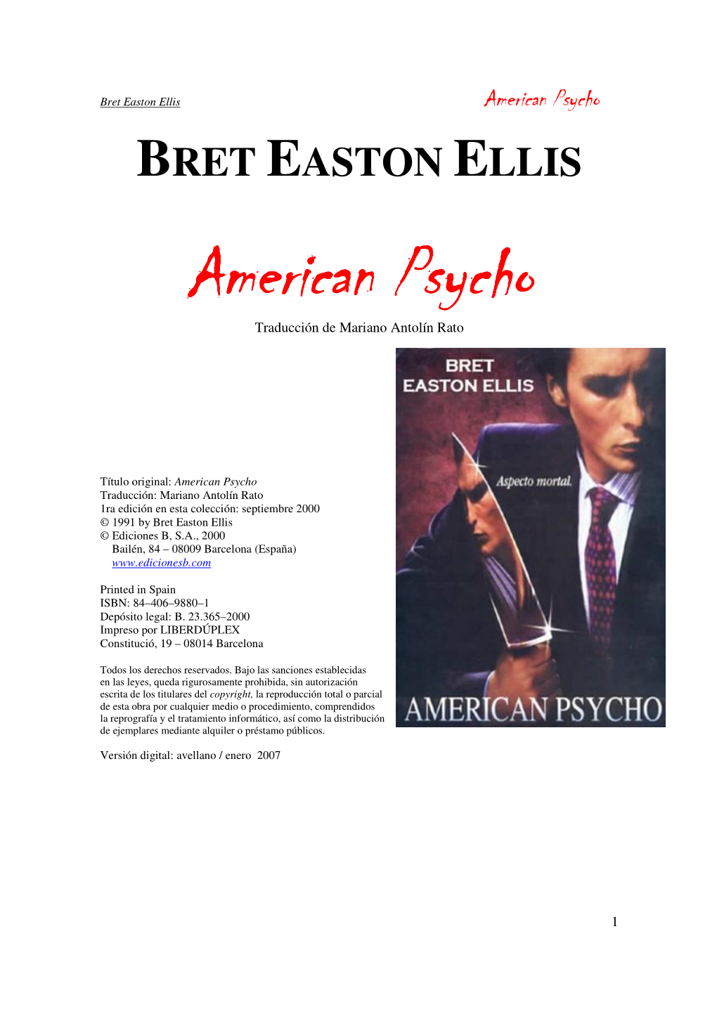 American Psycho BRET EASTON ELLIS