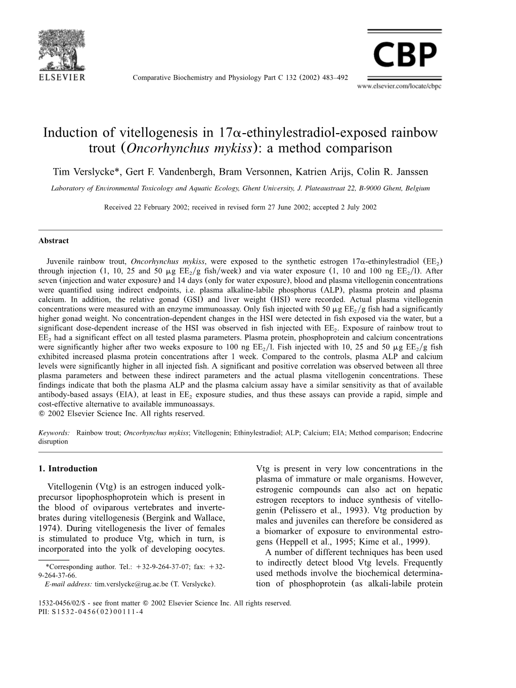 Induction of Vitellogenesis in 17A-Ethinylestradiol-Exposed Rainbow Trout (Oncorhynchus Mykiss): a Method Comparison