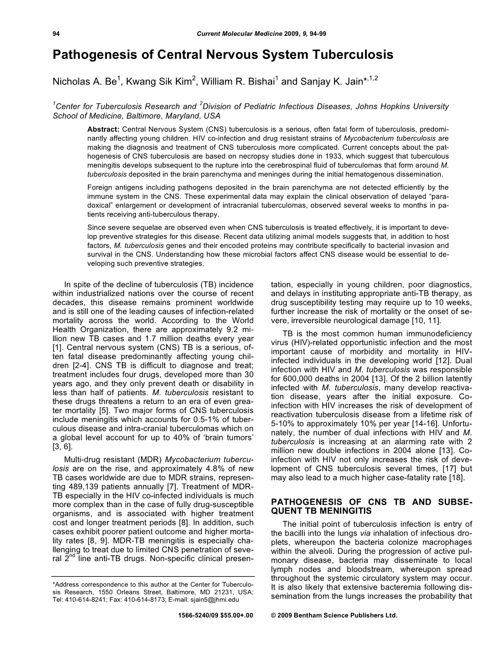 Pathogenesis of Central Nervous System Tuberculosis