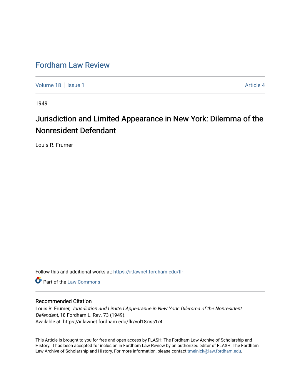 Jurisdiction and Limited Appearance in New York: Dilemma of the Nonresident Defendant