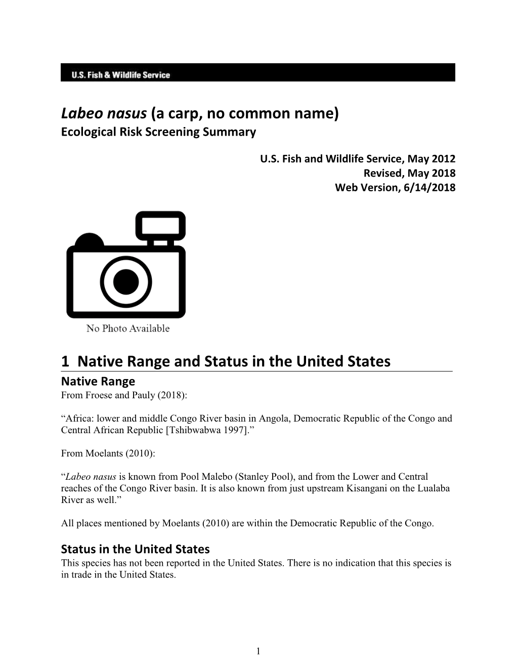 Labeo Nasus (A Carp, No Common Name) Ecological Risk Screening Summary