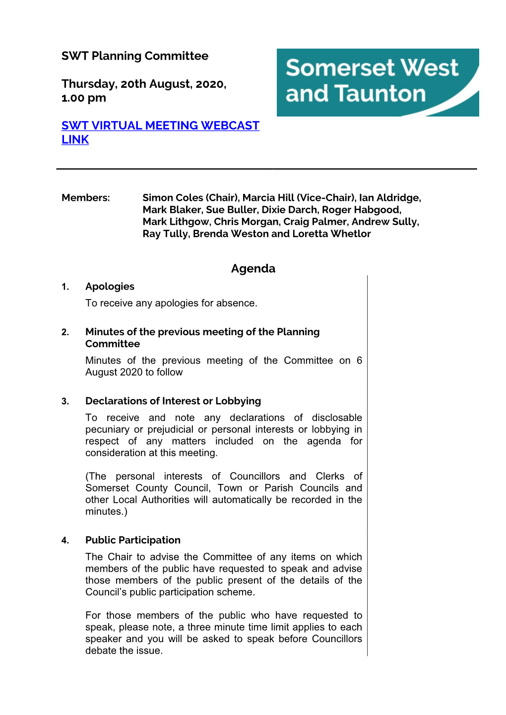 (Public Pack)Agenda Document for SWT Planning Committee, 20/08