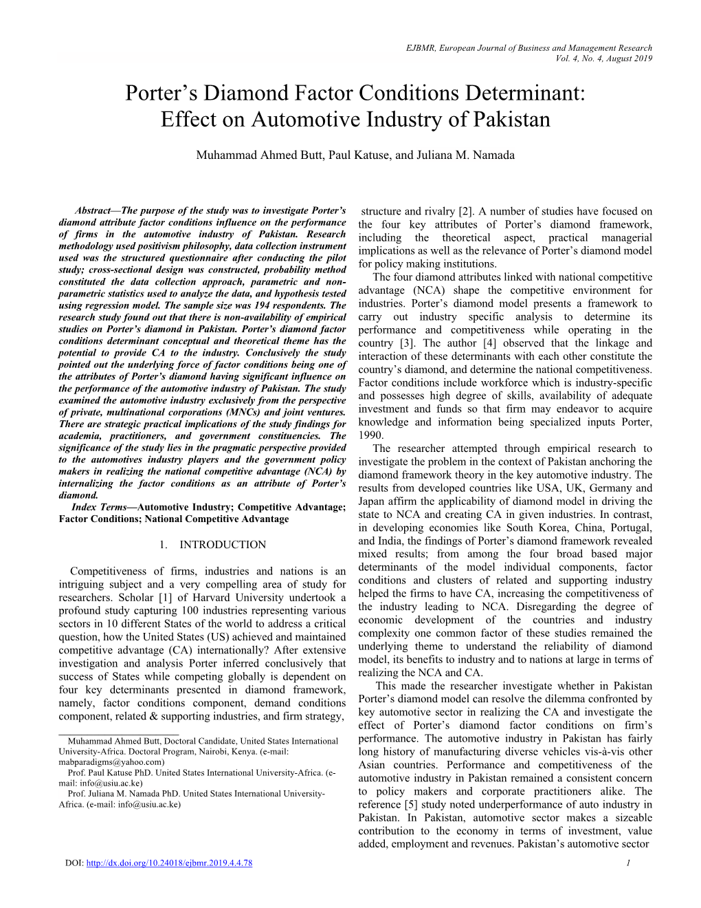 Porter's Diamond Factor Conditions Determinant: Effect on Automotive Industry of Pakistan