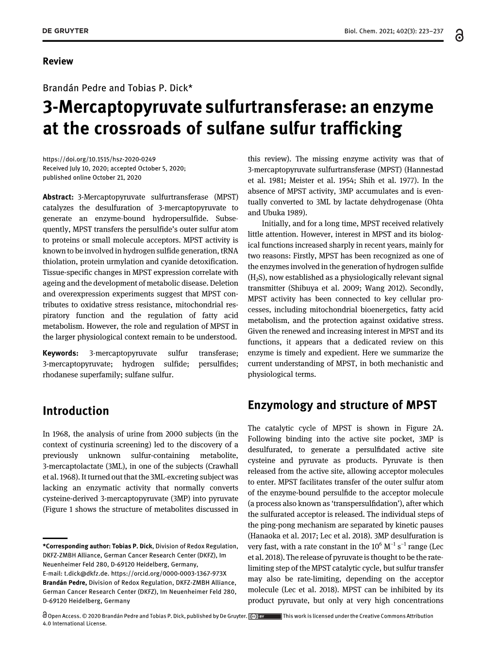 3-Mercaptopyruvate Sulfurtransferase: an Enzyme at the Crossroads of Sulfane Sulfur Trafﬁcking This Review)
