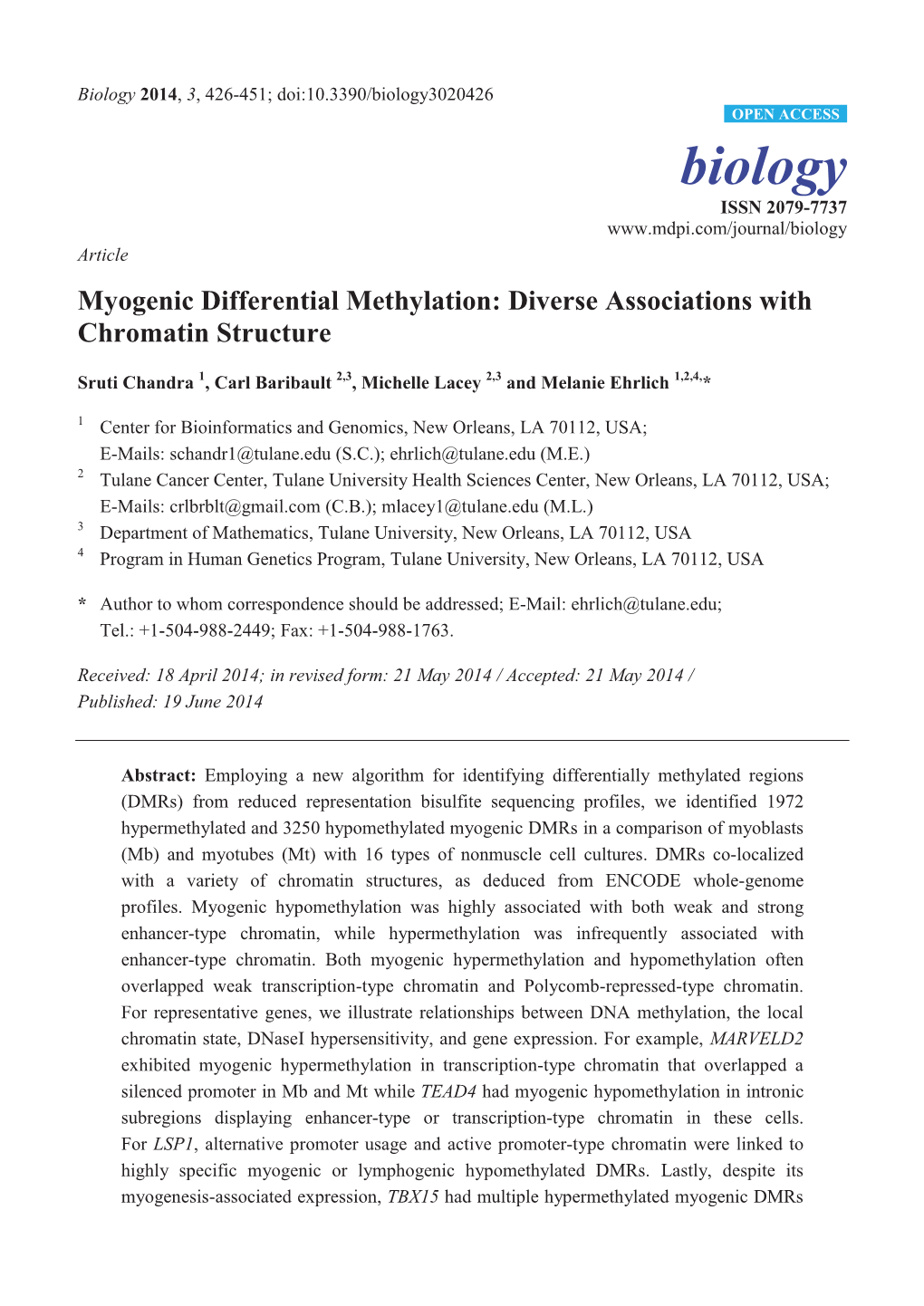 Myogenic Differential Methylation: Diverse Associations with Chromatin Structure