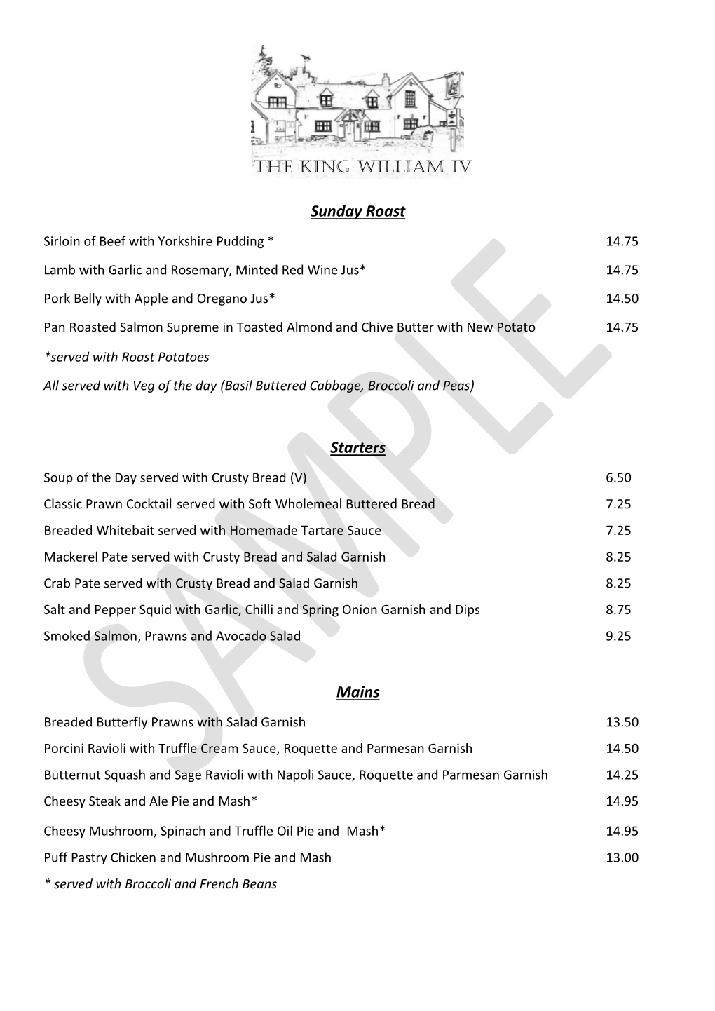 Sample Sunday's Menu