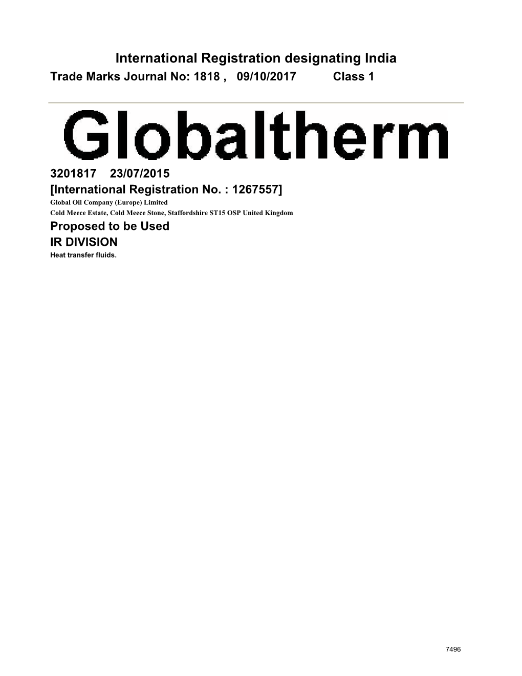 International Registration Designating India Trade Marks Journal No: 1818 , 09/10/2017 Class 1