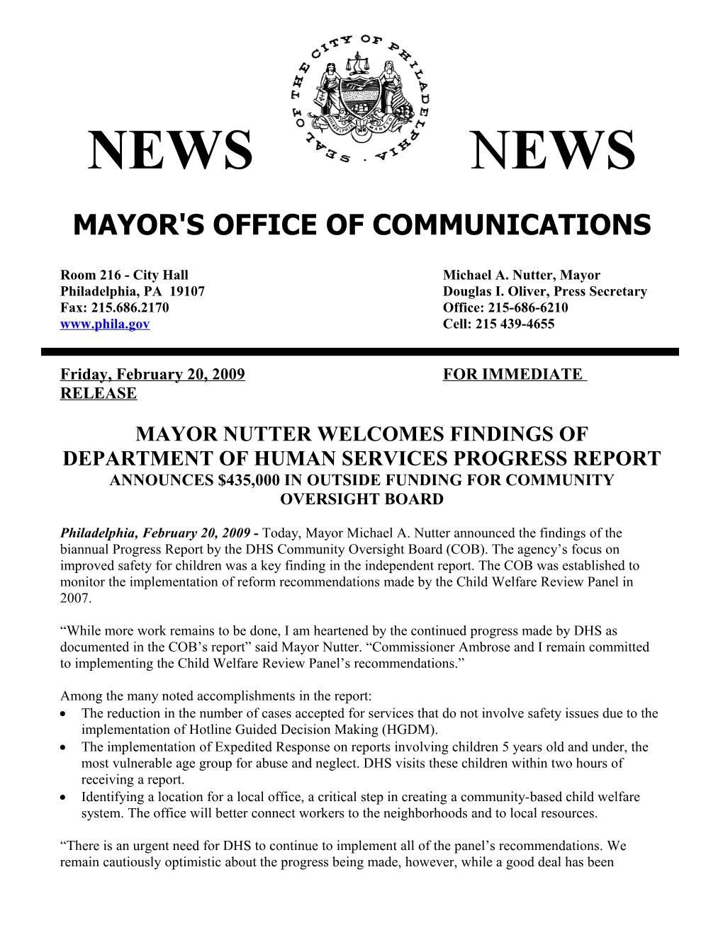 Mayor Nutter Welcomes Findings of Department of Human Services Progress Report