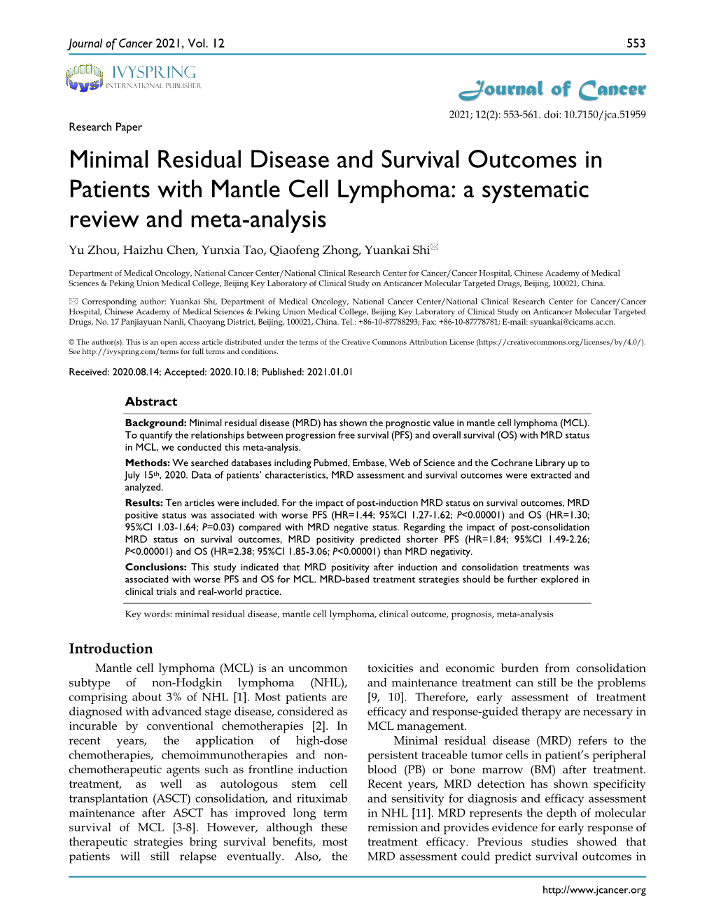 Minimal Residual Disease and Survival Outcomes in Patients With