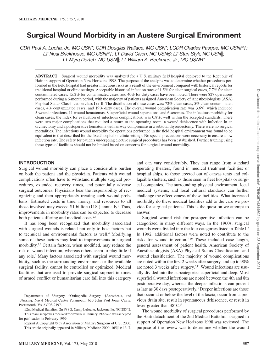 Surgical Wound Morbidity in an Austere Surgical Environment