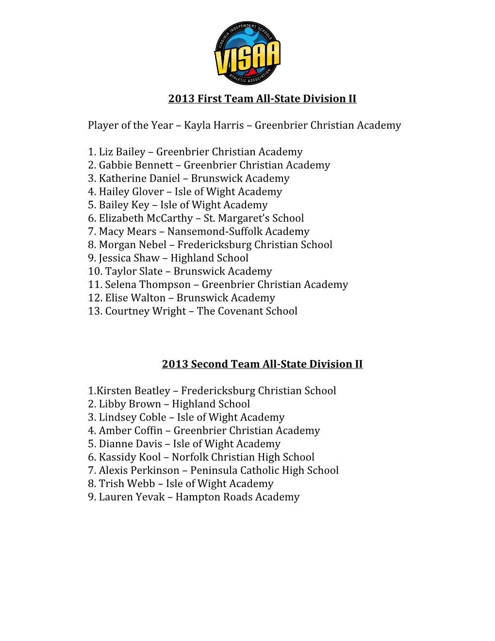 2013 First Team All-State Division II