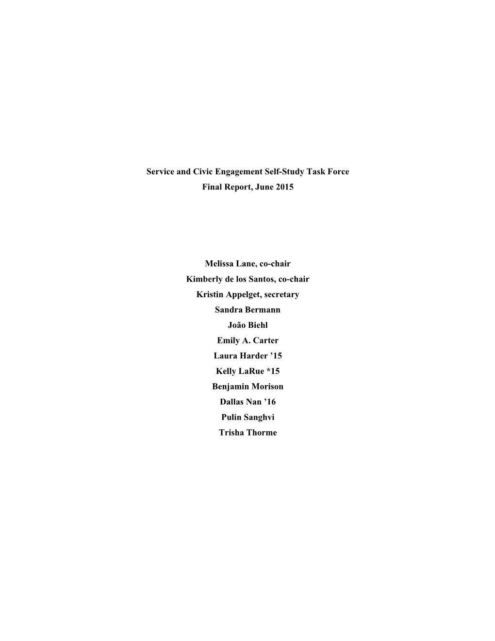Service and Civic Engagement Self-Study Task Force Final Report, June 2015