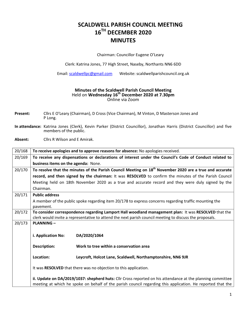 Scaldwell Parish Council Meeting 16 December 2020