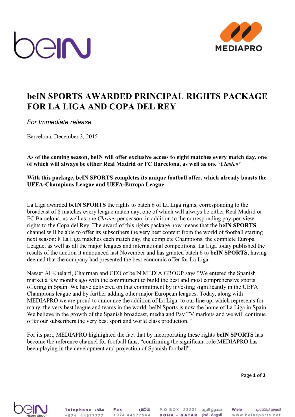 Bein SPORTS AWARDED PRINCIPAL RIGHTS PACKAGE for LA LIGA and COPA DEL REY