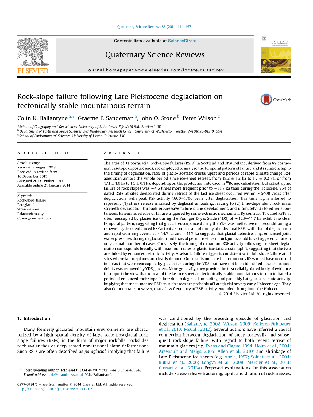 Rock-Slope Failure Following Late Pleistocene Deglaciation on Tectonically Stable Mountainous Terrain