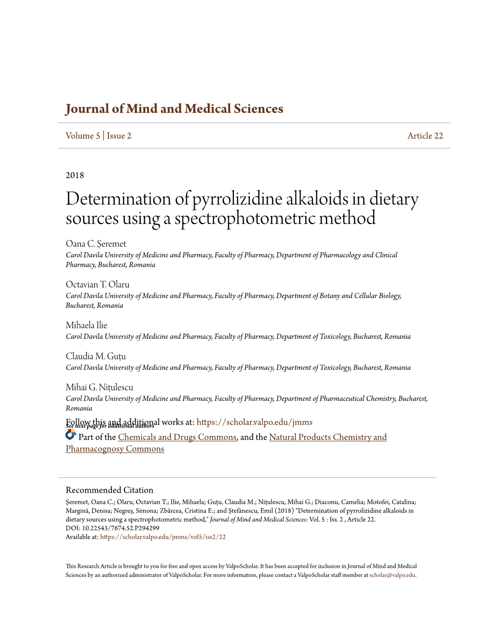 Determination of Pyrrolizidine Alkaloids in Dietary Sources Using a Spectrophotometric Method Oana C