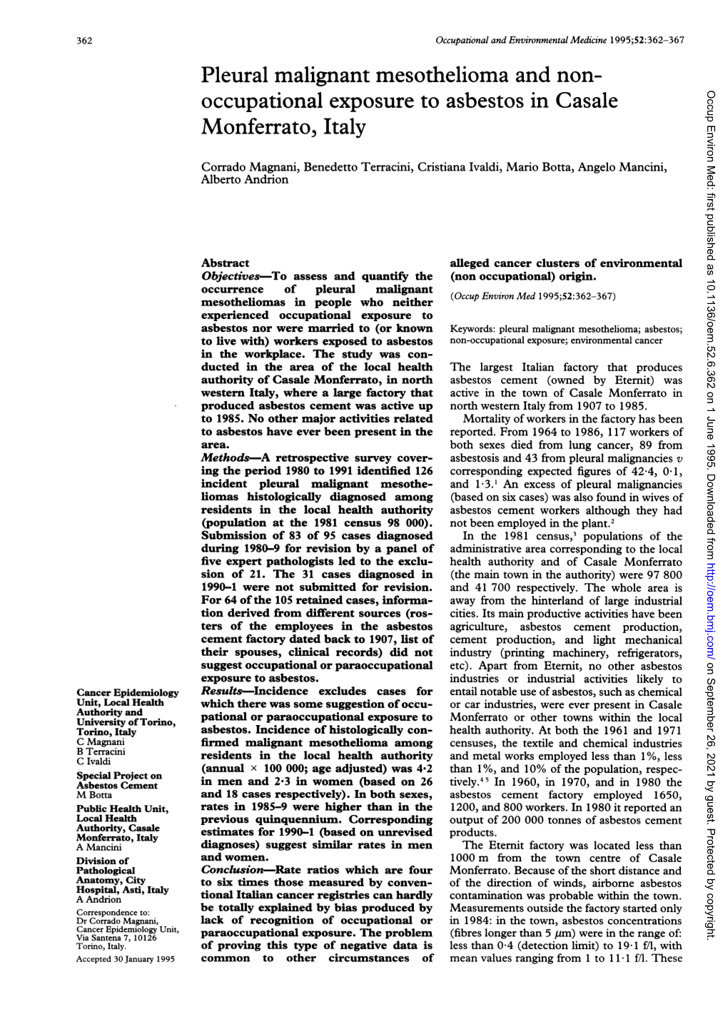 Occupational Exposure to Asbestos in Casale Monferrato, Italy