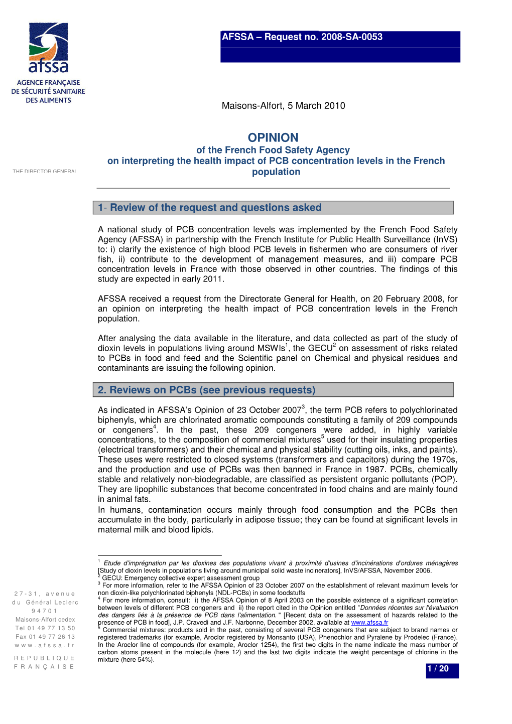 OPINION of the French Food Safety Agency on Interpreting the Health Impact of PCB Concentration Levels in the French the DIRECTOR GENERAL Population