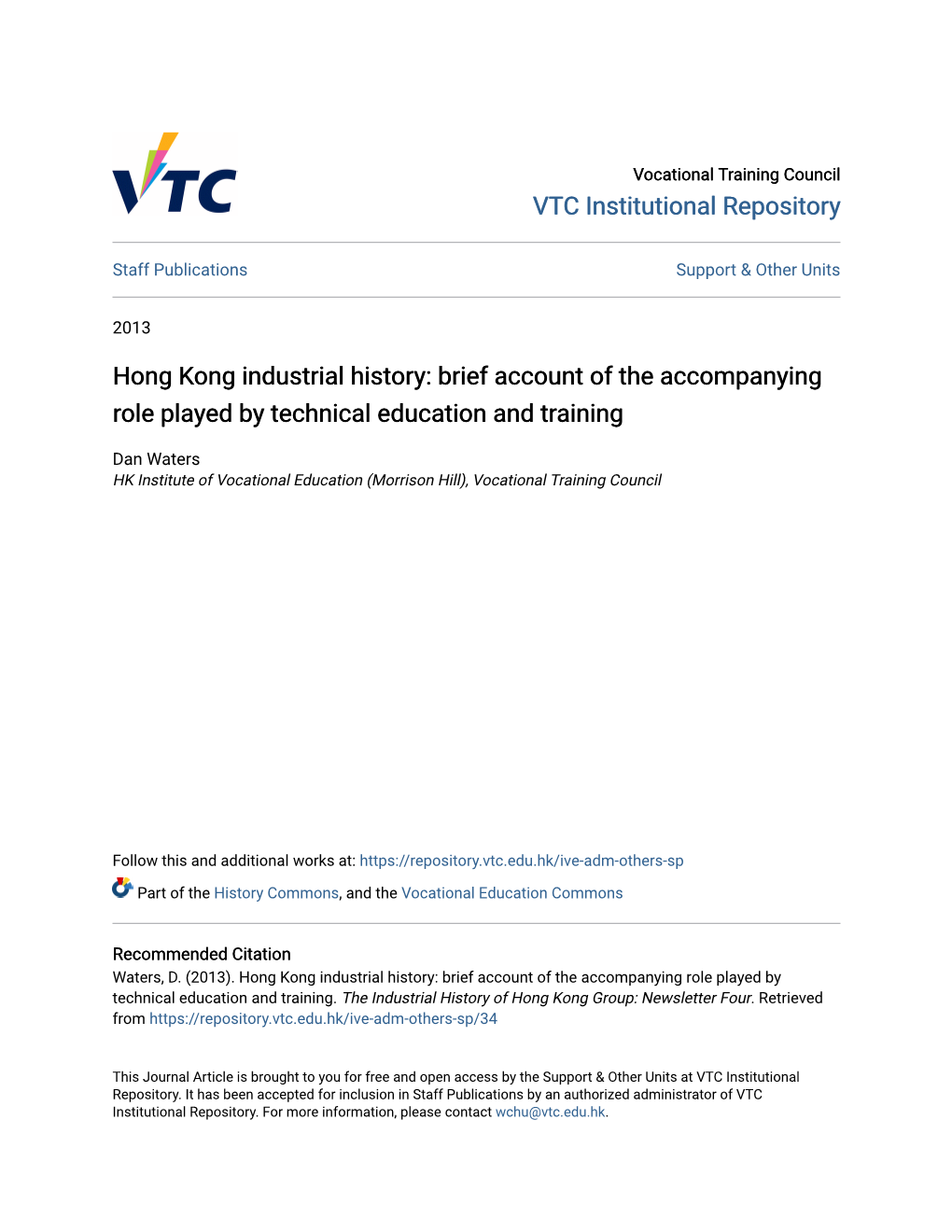 Hong Kong Industrial History: Brief Account of the Accompanying Role Played by Technical Education and Training