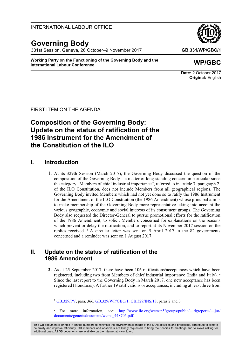 Composition of the Governing Body: Update on the Status of Ratification of the 1986 Instrument for the Amendment of the Constitution of the ILO