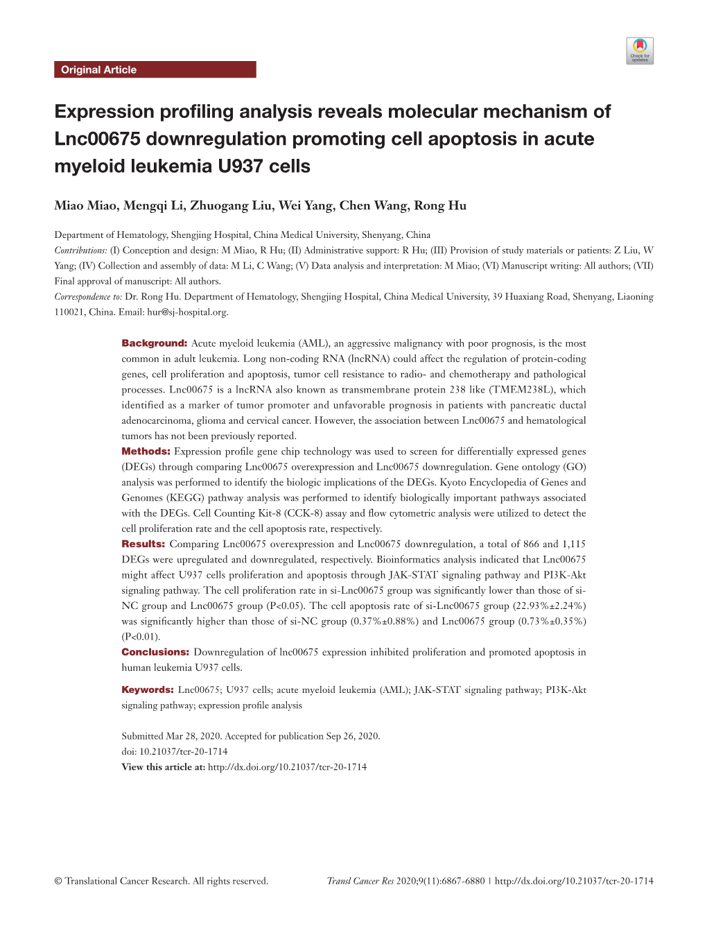 Expression Profiling Analysis Reveals Molecular Mechanism of Lnc00675 Downregulation Promoting Cell Apoptosis in Acute Myeloid Leukemia U937 Cells