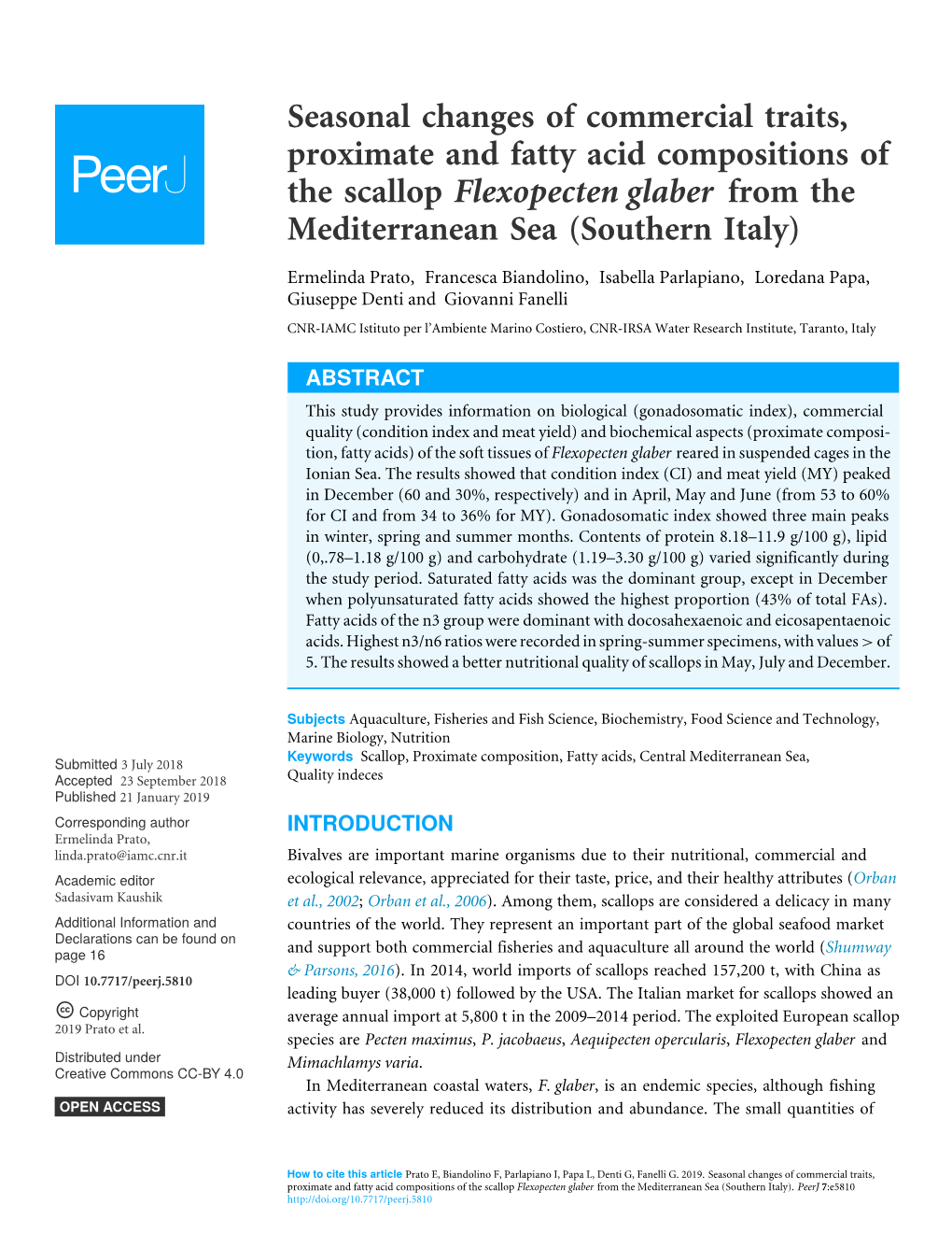 Seasonal Changes of Commercial Traits, Proximate and Fatty Acid Compositions of the Scallop Flexopecten Glaber from the Mediterranean Sea (Southern Italy)