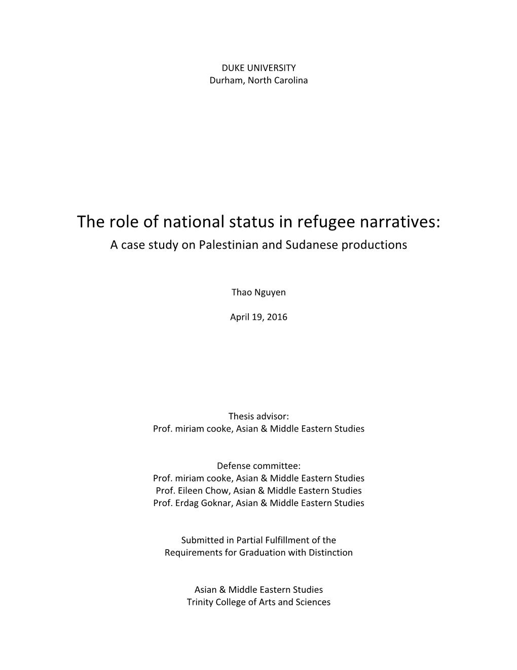 The Role of National Status in Refugee Narratives: a Case Study on Palestinian and Sudanese Productions