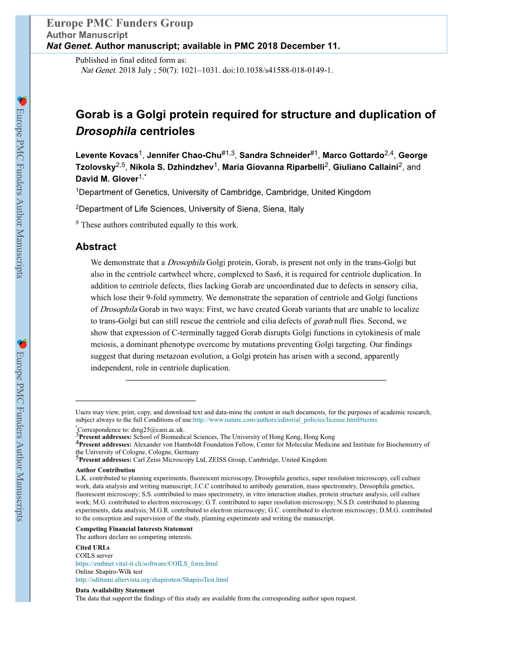 Gorab Is a Golgi Protein Required for Structure and Duplication of Drosophila Centrioles