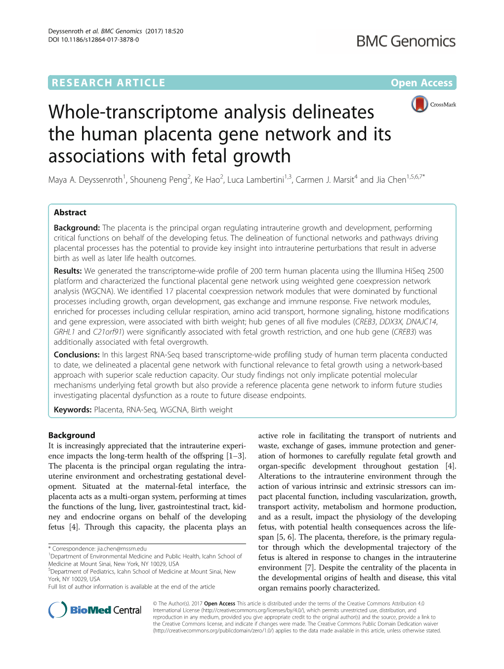Whole-Transcriptome Analysis Delineates the Human Placenta Gene Network and Its Associations with Fetal Growth Maya A